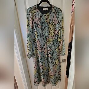LOFT Black Long Sleeve Midi Dress with Pastel Floral Print